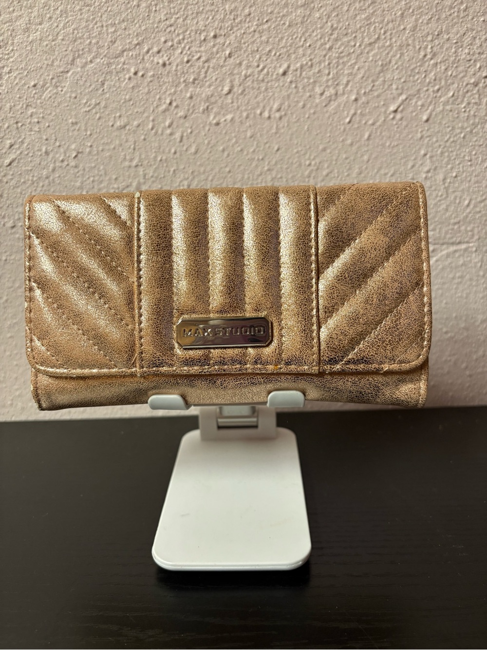 Max Studio Rose Gold Metallic Quilted Tri-Fold Wallet Snap Closure